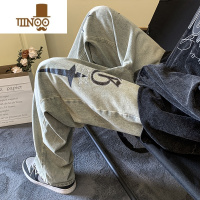 YANXU直筒刺绣牛仔裤男潮牌休闲日系复古痞帅水洗美式青少年长裤子