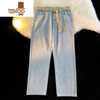 YANXU夏季直筒牛仔裤男腰带宽松潮牌休闲日系复古青少年港风百搭长裤子