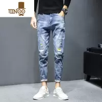 YANXU浅色牛仔九分裤男修身小脚乞丐破洞潮牌休闲韩版男士夏季薄款裤子