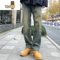 YANXU黄泥色牛仔裤男高街水洗做旧宽松直筒oversize美式复古休闲裤男士