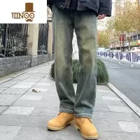 YANXU黄泥色牛仔裤男高街水洗做旧宽松直筒oversize美式复古休闲裤男士