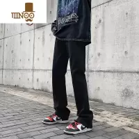 YANXU微喇牛仔长裤男修身直筒款美式拖地裤欧美高街vibe黑色裤子男