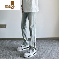 YANXU侧边拉链微喇牛仔裤男水洗痞帅裤子网红美式高街潮牌直筒长裤
