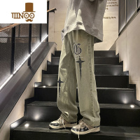 YANXU美式复古刺绣牛仔裤男款夏季潮牌水洗高街vibe风宽松直筒裤子街头