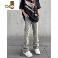 YANXU高街vibe美式黄泥染水洗做旧字母印花牛仔裤男生修身直筒微喇裤子