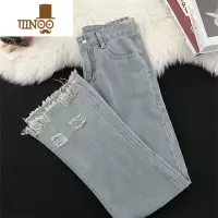 YANXU美式高街牛仔裤男秋季新款ins潮牌宽松百搭设计感毛边直筒微喇裤