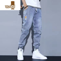YANXU牛仔裤男秋季薄款束脚工装哈伦裤百搭潮流抽绳松紧腰学生休闲裤子