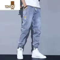YANXU牛仔裤男秋季薄款束脚工装哈伦裤百搭潮流抽绳松紧腰学生休闲裤子