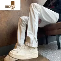 YANXU白色修身牛仔裤男秋季美式vibe风裤子痞帅拉链开叉提档微喇直筒裤