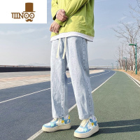 YANXU新塘浅蓝牛仔裤男生夏季薄款宽松直筒高街潮牌九分阔腿休闲长裤子