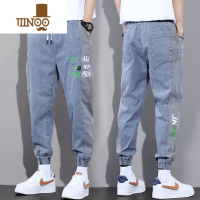 YANXU牛仔裤男2023年新款秋季新款拼色宽松大码系带束腿嘻哈高街九分裤