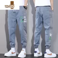 YANXU牛仔裤男2023年新款秋季新款拼色宽松大码系带束腿嘻哈高街九分裤
