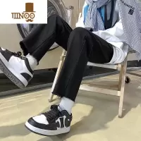 YANXU夏季潮流黑色牛仔裤男港风宽松直筒裤毛边九分裤潮牌高街裤子男士