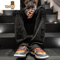 YANXU大码300斤炸街破洞牛仔裤男秋季潮牌高街直筒裤百搭痞帅宽松长裤