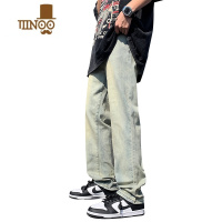 YANXU美式牛仔裤男款夏季水洗做旧窄筒黄泥染长裤潮牌高街宽松直筒裤子