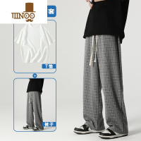 YANXU裤子男夏季垂感宽松阔腿裤美式复古格子裤直筒运动裤hiphop休闲裤