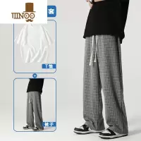 YANXU裤子男夏季垂感宽松阔腿裤美式复古格子裤直筒运动裤hiphop休闲裤