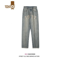 YANXU美式复古高街刺绣牛仔裤男夏季新款水洗做旧直筒宽松休闲百搭长裤