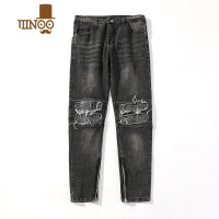 YANXU美式水洗破洞牛仔裤男士垂感宽松直筒街头潮流韩版拉链阔腿乞丐裤