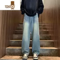 YANXU美式牛仔裤男宽松直筒黑色水洗浅色潮牌复古阔腿休闲裤长裤
