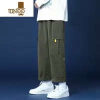 YANXU军绿色工装裤男款潮牌宽松直筒裤日系复古运动休闲九分裤子