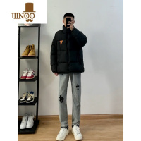 YANXU美式高街毛边刺绣牛仔裤男网红潮牌四季复古直筒休闲长裤子