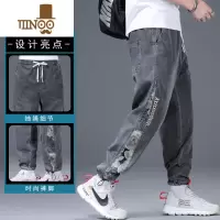 YANXU2023春季潮流拼接小熊设计感牛仔裤男宽松刺绣复古九分哈伦男裤子