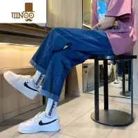 YANXU2023秋季深蓝色百搭宽松直筒九分牛仔裤子男青少年学生阔腿裤潮流