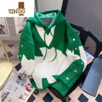YANXU国潮美式假拼接撞色针织卫衣男女感港风连帽外套