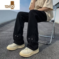 YANXU欧美高街vibe黑色微喇牛仔裤男女ins潮牌设计感复古直筒阔腿长裤