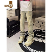 YANXU美式高街Vibe百搭直筒牛仔裤显高显瘦欧美水洗黄泥破洞毛边长裤男