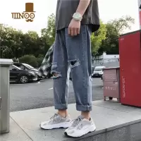 YANXUins潮牌破洞牛仔裤男生直筒宽松百搭夏季九分休闲长裤子潮流