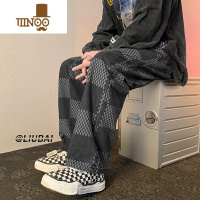 YANXU格子直筒牛仔裤男夏季美式vibe痞帅休闲长裤潮牌宽松阔腿拖地裤子