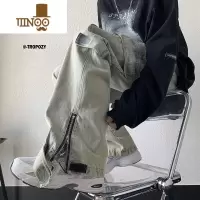 YANXU美式复古工装牛仔裤男夏季小众设计感拉链开叉直筒阔腿裤高街裤子