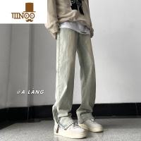 YANXU微喇拉链开叉黄泥牛仔裤男款秋季美式高街潮牌设计感直筒休闲裤子