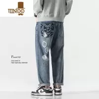 YANXU日系复古水洗破洞印花牛仔裤男潮牌春季撞色贴袋宽松直筒休闲长裤