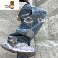 YANXU美式复古做旧牛仔裤男款夏季设计感小众直筒阔腿潮牌炸街痞帅裤子