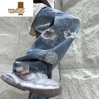 YANXU美式复古做旧牛仔裤男款夏季设计感小众直筒阔腿潮牌炸街痞帅裤子