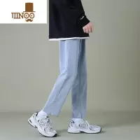 YANXU夏季浅蓝色牛仔裤男九分裤直筒宽松男士休闲韩版潮流毛边长裤子