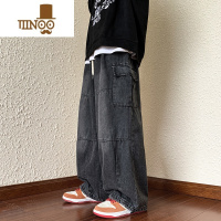 YANXU日系工装牛仔裤男款ins潮牌美式宽松直筒蓝色阔腿休闲裤子