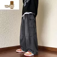 YANXU日系工装牛仔裤男款ins潮牌美式宽松直筒蓝色阔腿休闲裤子