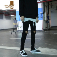 YANXU黑色牛仔裤男款破洞裤男生高街小脚裤男裤休闲裤潮牌夏季裤子男士