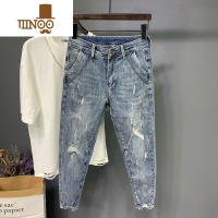 YANXU夏季新款斜插口袋弹力小脚九分裤男士韩版个性刮烂破洞牛仔裤