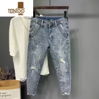 YANXU夏季新款斜插口袋弹力小脚九分裤男士韩版个性刮烂破洞牛仔裤
