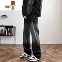 YANXU黑色渐变牛仔裤男秋季薄款美式高街潮牌直筒宽松阔腿炸街痞帅裤子