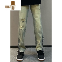 YANXU2023高街破洞牛仔裤男修身显瘦直筒拉链开叉潮牌男九分裤痞帅裤子