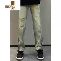 YANXU2023高街破洞牛仔裤男修身显瘦直筒拉链开叉潮牌男九分裤痞帅裤子
