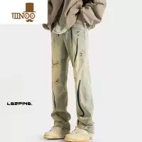 YANXU破洞牛仔裤男夏季美式高街vibe痞帅休闲裤黄泥色直筒修身微喇裤子