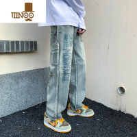 YANXU欧美vibe刺绣工装牛仔裤男潮牌ins美式高街嘻哈宽松阔腿拖地长裤