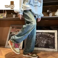 YANXU美式复古高街牛仔裤男ins潮牌做旧宽松阔腿裤重工水洗直筒休闲裤